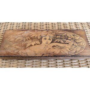 Antique 1910s Flemish Art Pyrography Sutrite Hosiery Box Lady With Flowers Wood